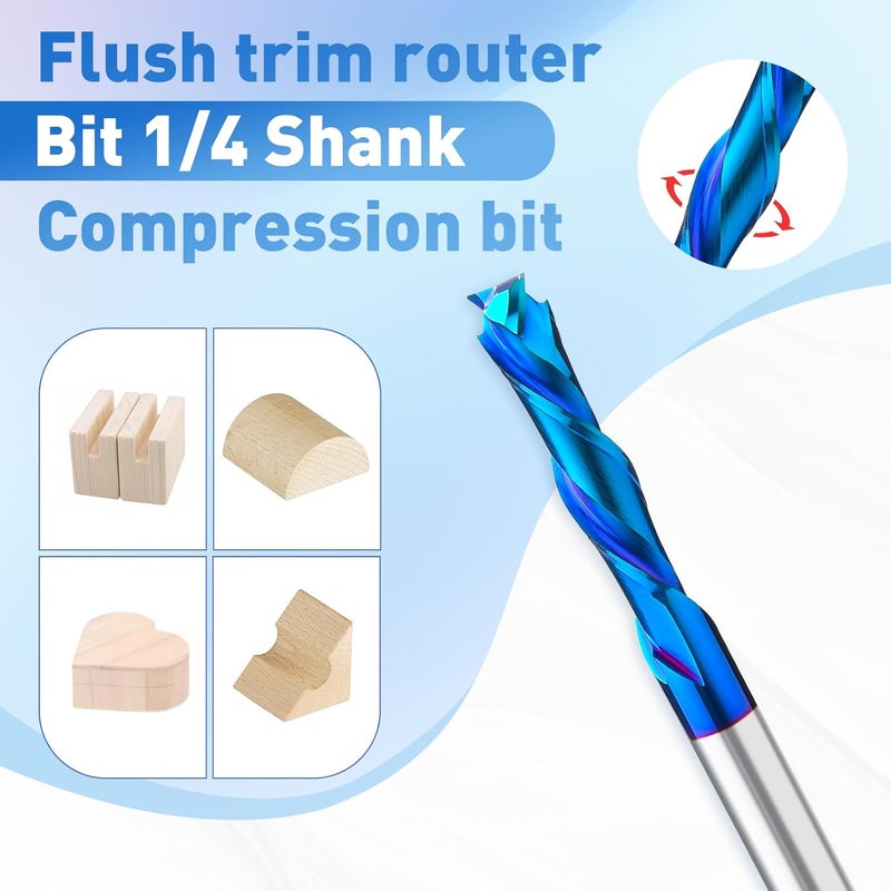SILIVN CNC Router Bits End Mill for Wood Cut, Carving, Edge Trimming,1/4 Inch Shank Solid Carbide Flush with Nano Blue Coating, Set of 1Pcs Down Cut Bits+1Pcs Up Cut Bits+1Pcs Compression - Image 4